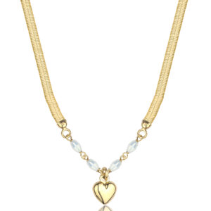 POZŁACANY SREBRNY NASZYJNIK TAŚMA SERCE Z BIAŁYMI KORALIKAMI 925 585 - 3MM