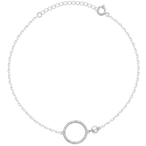 SREBRNA RODOWANA BRANSOLETKA ANKIER KOŁO CYRKONII Z KORALIKIEM 925 – 1,3MM
