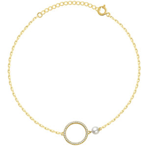 POZŁACANA SREBRNA BRANSOLETKA ANKIER KOŁO CYRKONII Z KORALIKIEM 925 585 – 1,3MM