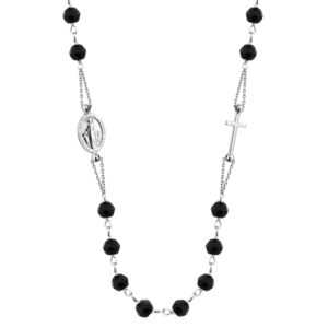 SREBRNY RODOWANY NASZYJNIK Z CZARNYMI KAMIENIAMI NATURALNYMI, KRZYŻYKIEM I MEDALIKIEM 925 – 1,1MM