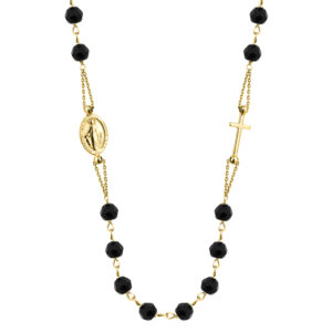 SREBRNY POZŁACANY NASZYJNIK Z CZARNYMI KAMIENIAMI NATURALNYMI, KRZYŻYKIEM I MEDALIKIEM 925 – 1,1MM