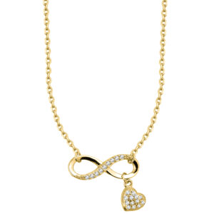 SREBRNY POZŁACANY NASZYJNIK ANKIER Z NIESKOŃCZONOŚCIĄ I SERDUSZKIEM Z CYRKONIAMI 925 585 – 0,7MM