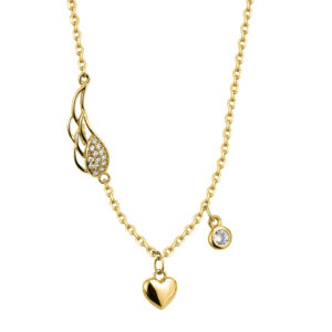 SREBRNY POZŁACANY NASZYJNIK ANKIER ZE SKRZYDŁEM, SERDUSZKIEM I CYRKONIĄ 925 585 - 0,7MM