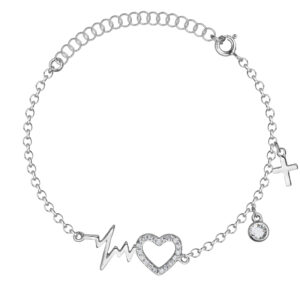 SREBRNA RODOWANA BRANSOLETKA SERCE LINIA ŻYCIA KRZYŻYK I CYRKONIA 925 – 0,7MM