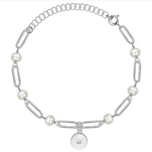 SREBRNA RODOWANA BRANSOLETKA ANKIER Z PEREŁKAMI I OKRĄGŁĄ ZAWIESZKĄ 925 – 3,3MM