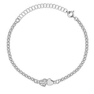 SREBRNA RODOWANA BRANSOLETKA BISMARK Z PODWÓJNYM SERCEM I CYRKONIAMI 925 – 2,1MM