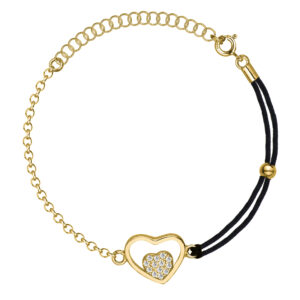 SREBRNA POZŁACANA BRANSOLETKA ANKIER / NA CZARNYM SZNURKU Z PODWÓJNYM SERCEM I CYRKONIAMI PR. 925