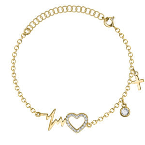 SREBRNA POZŁACANA BRANSOLETKA SERCE LINIA ŻYCIA KRZYŻYK I CYRKONIA 925 585 – 0,7MM