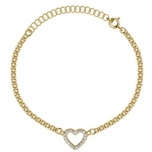 SREBRNA POZŁACANA BRANSOLETKA BISMARK SERCE Z CYRKONIAMI 925 585 – 2,1MM