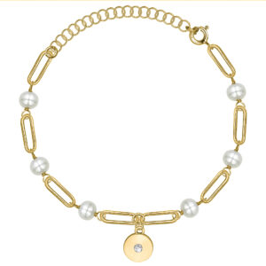 SREBRNA POZŁACANA BRANSOLETKA ANKIER Z PEREŁKAMI I OKRĄGŁĄ ZAWIESZKĄ 925 585 – 3,3MM