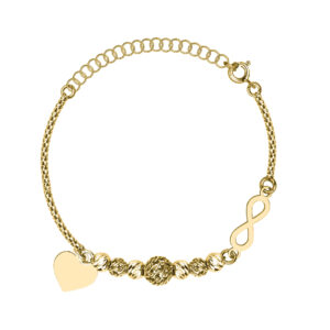 SREBRNA POZŁACANA BRANSOLETKA Z KULKAMI, SERCEM I NIESKOŃCZONOŚCIĄ 925 – 1,5MM