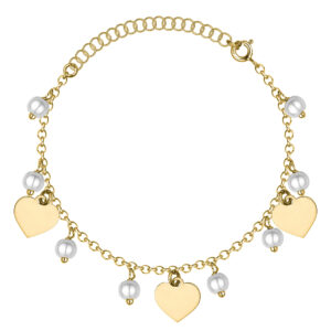 SREBRNA POZŁACANA BRANSOLETKA Z ZAWIESZKAMI SERCE I PEREŁKAMI 925 585 – 1,7MM