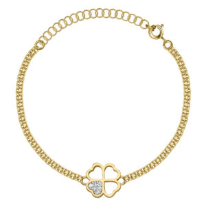 SREBRNA POZŁACANA BRANSOLETKA BISMARK Z CZTEROLISTNĄ KONICZYNKĄ I CYRKONIAMI 925 585 – 2,1MM
