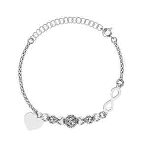 SREBRNA RODOWANA BRANSOLETKA Z KULKAMI, SERCEM I NIESKOŃCZONOŚCIĄ 925 – 1,5MM
