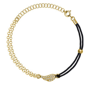 SREBRNA POZŁACANA BRANSOLETKA PODWÓJNY ANKIER / NA CZARNYM SZNURKU ZE SKRZYDŁEM I CYRKONIAMI