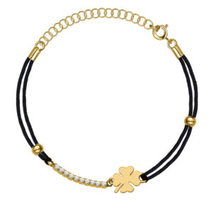 SREBRNA POZŁACANA BRANSOLETKA NA CZARNYM PODWÓJNYM SZNURKU Z KONICZYNKĄ I CYRKONIAMI