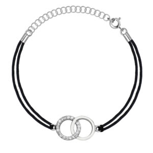 SREBRNA BRANSOLETKA NA PODWÓJNYM CZARNYM SZNURKU Z PRZEPLATANYMI KÓŁKAMI I CYRKONIAMI PR. 925