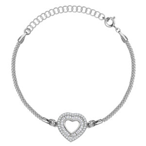 SREBRNA RODOWANA BRANSOLETKA Z AŻUROWYM SERCEM I CYRKONIAMI 925 - 1,3MM