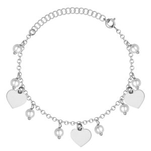 SREBRNA RODOWANA BRANSOLETKA Z ZAWIESZKAMI SERCE I PEREŁKAMI 925 – 1,7MM