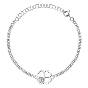 SREBRNA RODOWANA BRANSOLETKA BISMARK Z CZTEROLISTNĄ KONICZYNKĄ I CYRKONIAMI 925 – 2,1MM