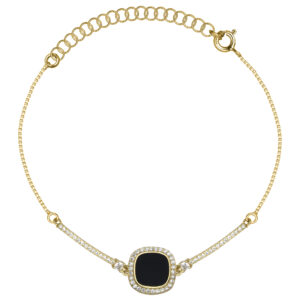 SREBRNA POZŁACANA BRANSOLETKA KOSTKA Z CZARNYM KAMIENIEM NATURALNYM I OGNIWAMI WYSADZANYMI CYRKONIAMI 925 585 – 1MM