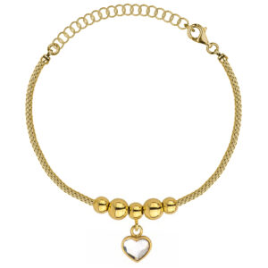 SREBRNA POZŁACANA BRANSOLETKA LISI OGON Z SERCEM I OZDOBNYMI KULKAMI 925 585 – 1,5MM