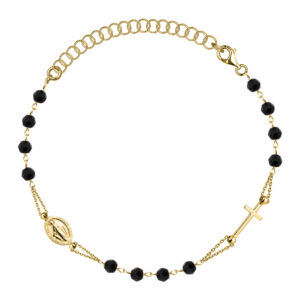 SREBRNA POZŁACANA BRANSOLETKA Z CZARNYMI KAMIENIAMI NATURALNYMI, KRZYŻYKIEM I MEDALIKIEM 925 585 – 1,6MM