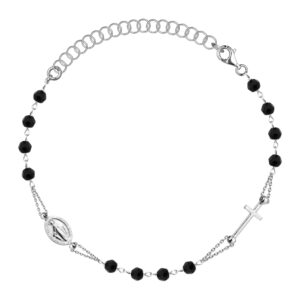 SREBRNA RODOWANA BRANSOLETKA Z CZARNYMI KAMIENIAMI NATURALNYMI, KRZYŻYKIEM I MEDALIKIEM 925 – 1,6MM