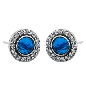 SREBRNE RODOWANE KOLCZYKI OKRĄGŁE Z NIEBIESKĄ CYRKONIĄ 925