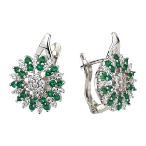 SREBRNE RODOWANE KOLCZYKI KWIAT WYSADZANY BIAŁYMI I ZIELONYMI CYRKONIAMI 925