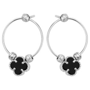 SREBRNE RODOWANE KOLCZYKI KOŁO Z KONICZYNKĄ I CZARNYM KAMIENIEM NATURALNYM 925