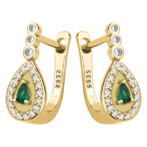 SREBRNE POZŁACANE KOLCZYKI W KSZTAŁCIE KROPLI Z ZIELONĄ CYRKONIĄ 925 585