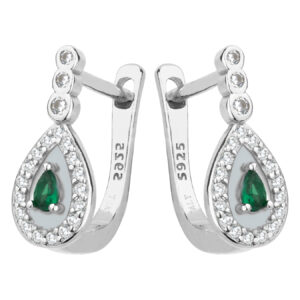 SREBRNE RODOWANE KOLCZYKI W KSZTAŁCIE KROPLI Z ZIELONĄ CYRKONIĄ 925