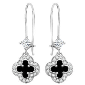 SREBRNE RODOWANE KOLCZYKI KONICZYNKA Z CZARNYM KAMIENIEM NATURALNYM I CYRKONIAMI 925