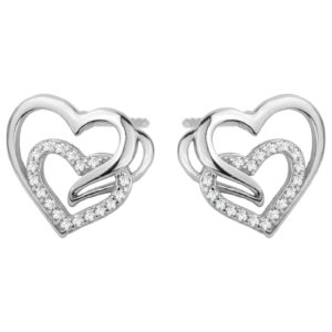 SREBRNE RODOWANE KOLCZYKI PODWÓJNE SERCE Z CYRKONIAMI 925