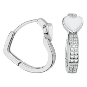 SREBRNE RODOWANE KOLCZYKI W KSZTAŁCIE SERCA Z BIAŁYM KAMIENIEM NATURALNYM 925