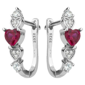 SREBRNE RODOWANE KOLCZYKI Z CZERWONYM SERCEM I CYRKONIAMI 925