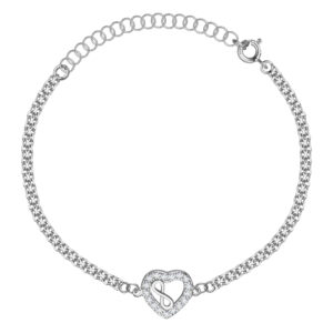 SREBRNA RODOWANA BRANSOLETKA BISMARK SERCE Z CYRKONIAMI I NIESKOŃCZONOŚCIĄ 925 – 2,2MM