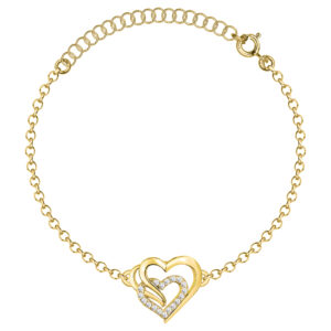 SREBRNA POZŁACANA BRANSOLETKA ANKIER PODWÓJNE SERCE Z CYRKONIAMI 925 585 – 1,4MM