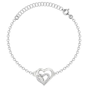 SREBRNA RODOWANA BRANSOLETKA ANKIER PODWÓJNE SERCE Z CYRKONIAMI 925 – 1,4MM